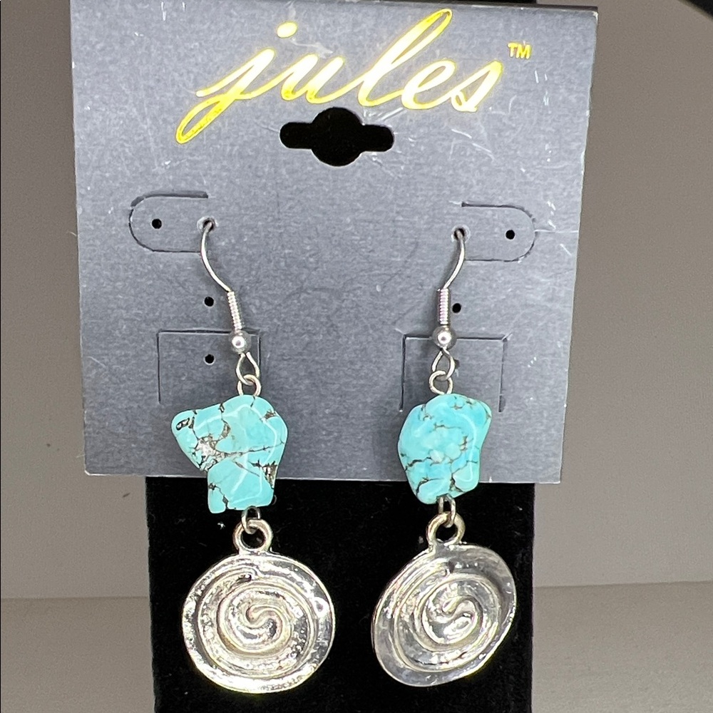 Jules Turquoise Stone and Silver Spiral Drop Earrings